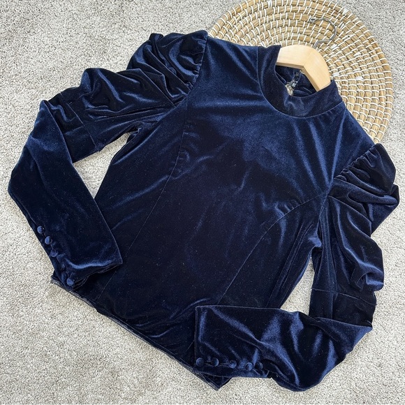 Misa Los Angles Dita Velvet Top Puffed Longsleeve Mock Neck Whimsigoth in Navy M - Picture 2 of 16